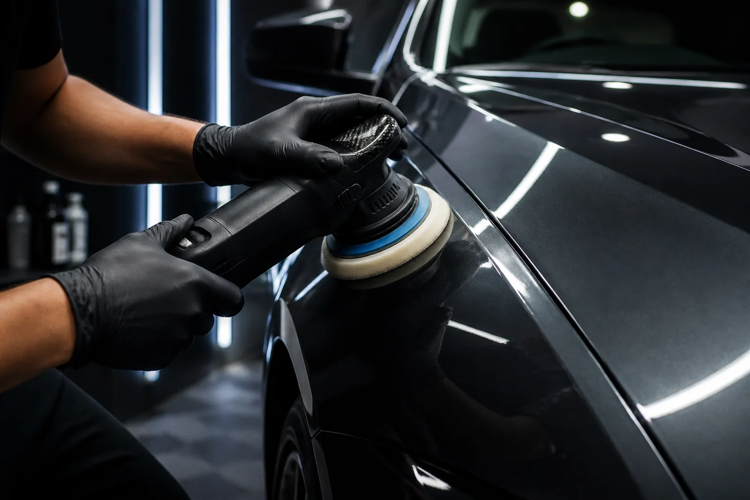 Detailer working carefully on vehicle paint